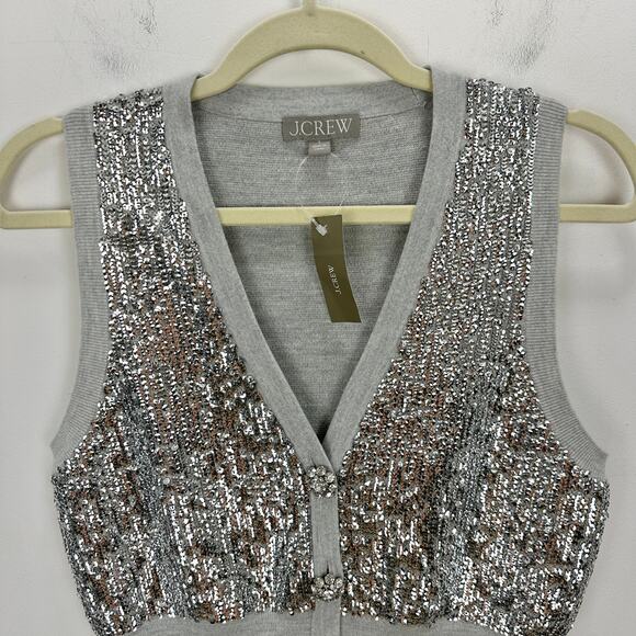 J.Crew Merino Wool V Neck Sweater Vest Silver Sequin Party Preppy Small NWT - Picture 7 of 14